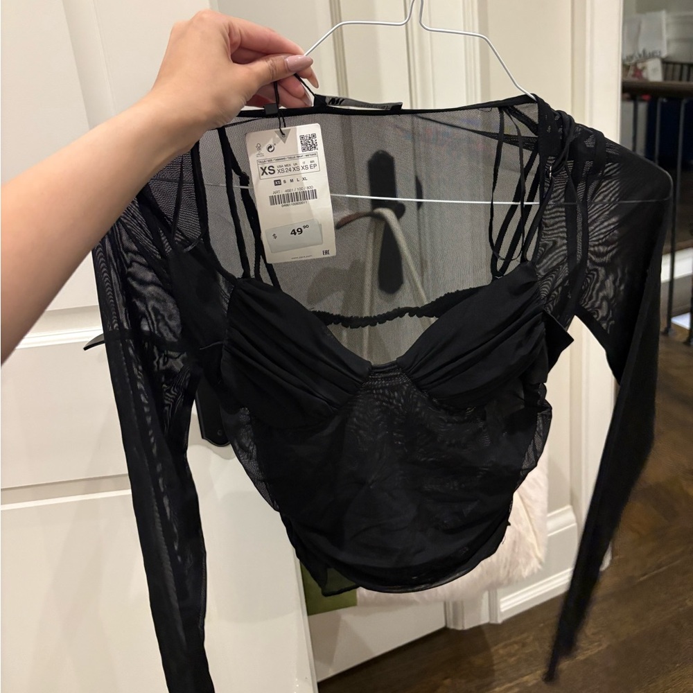 Black Mesh Long Sleeve Bustier Top